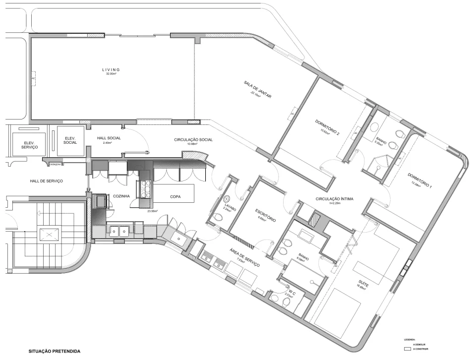 Supplied apartment plan showing the living and dining rooms, three bedrooms, office, kitchen, service area and balcony